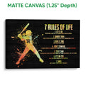 Matte canvas softball wall art featuring a colorful batter silhouette and motivational rules design