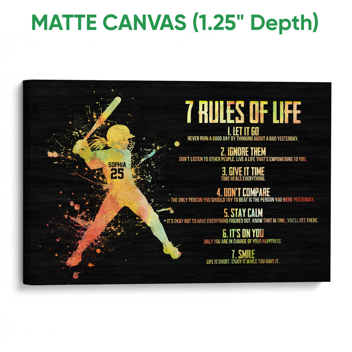 Matte canvas softball wall art featuring a colorful batter silhouette and motivational rules design