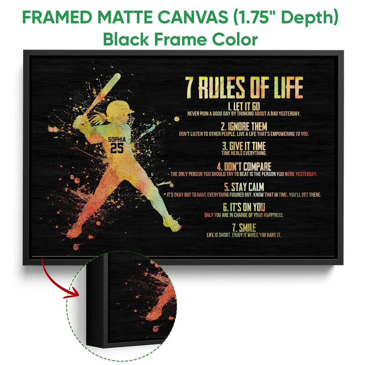 Black framed canvas softball wall art with a colorful batter silhouette and motivational message