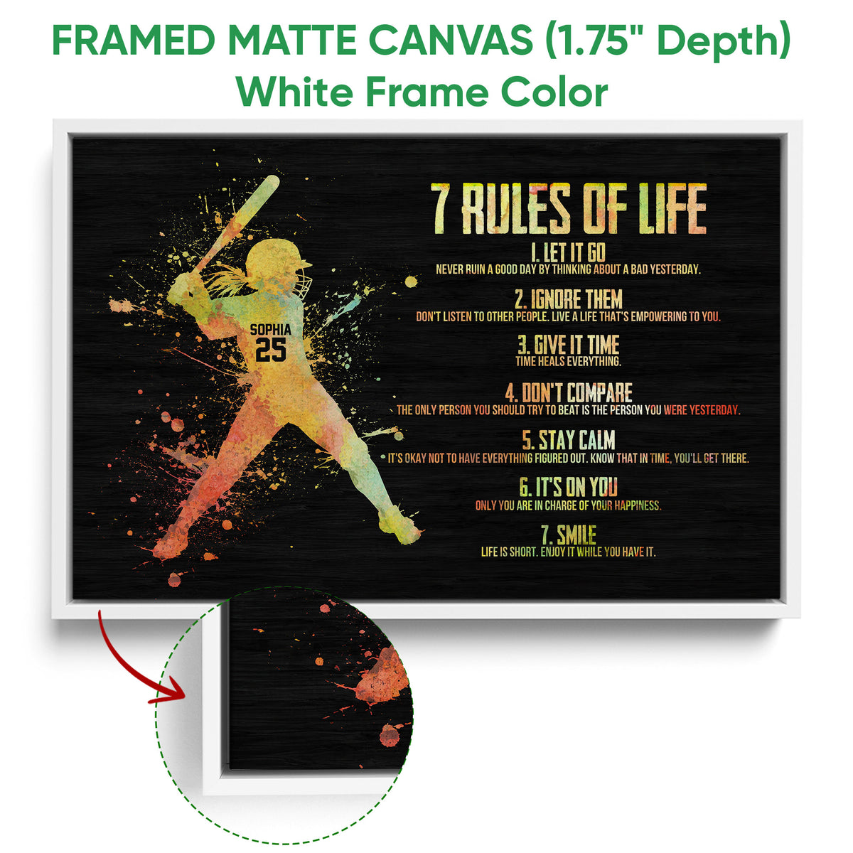 White framed canvas softball wall art displaying a colorful batter silhouette and motivational rules