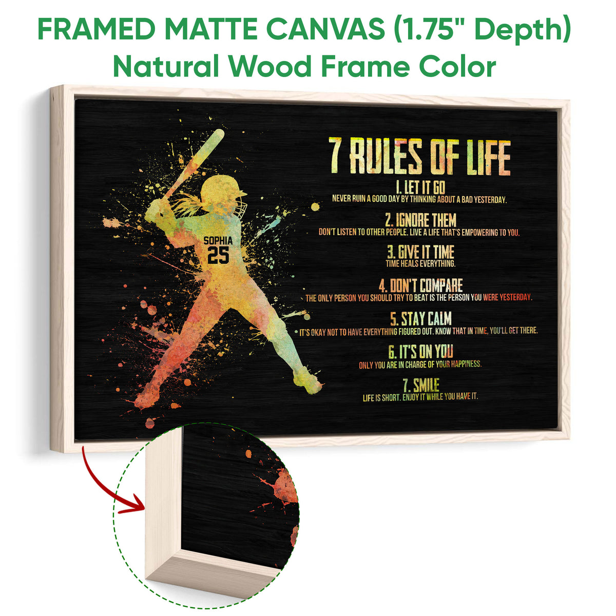 Natural wood framed softball wall art with a colorful batter silhouette and motivational rules