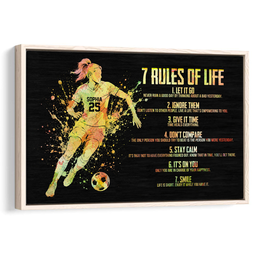 Framed soccer wall art featuring a running player, soccer ball, colorful splashes, and motivational rules