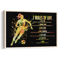 Framed soccer wall art featuring a running player, soccer ball, colorful splashes, and motivational rules