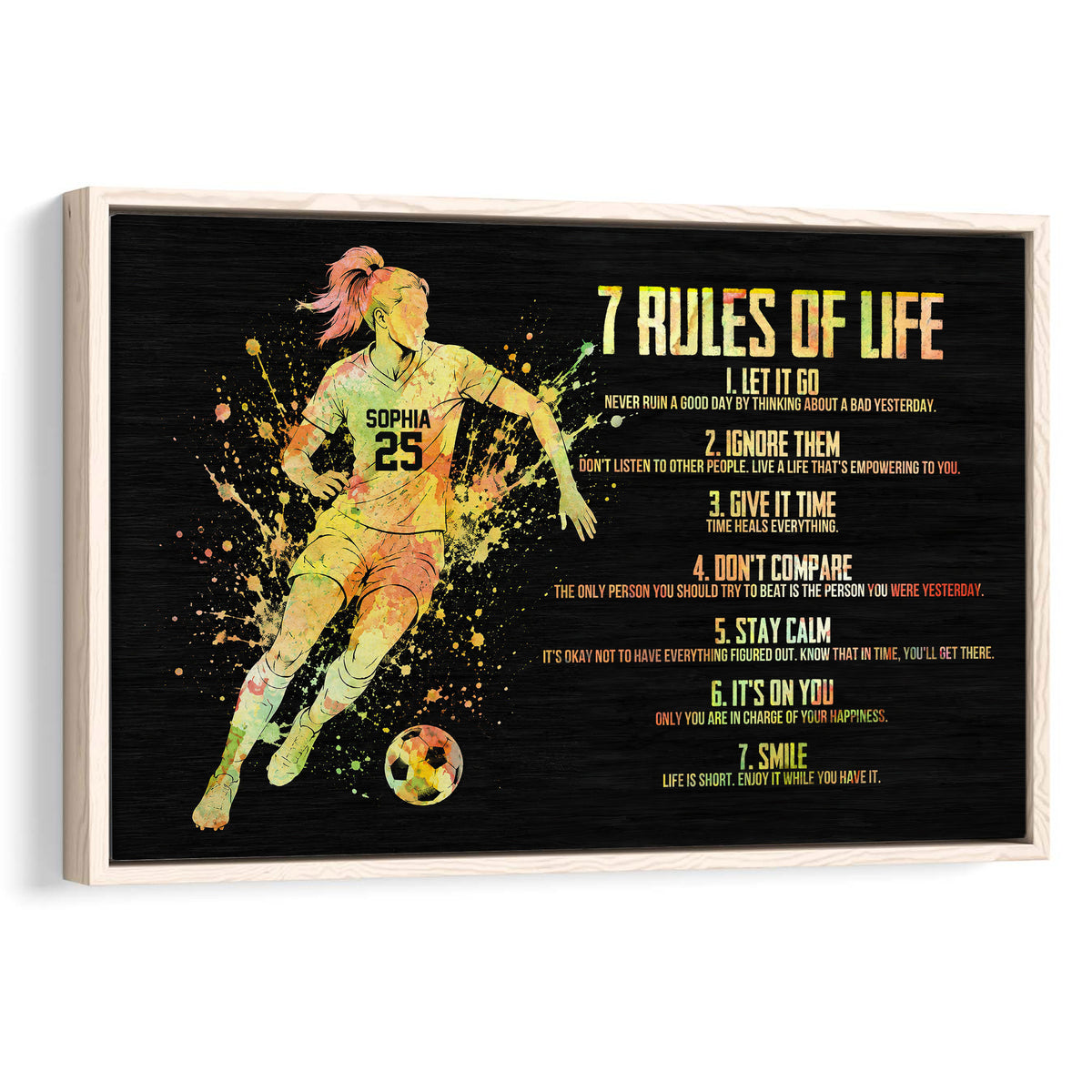 Framed soccer wall art featuring a running player, soccer ball, colorful splashes, and motivational rules