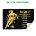 Unframed soccer poster showing a running player, soccer ball, colorful paint splashes, and motivational text