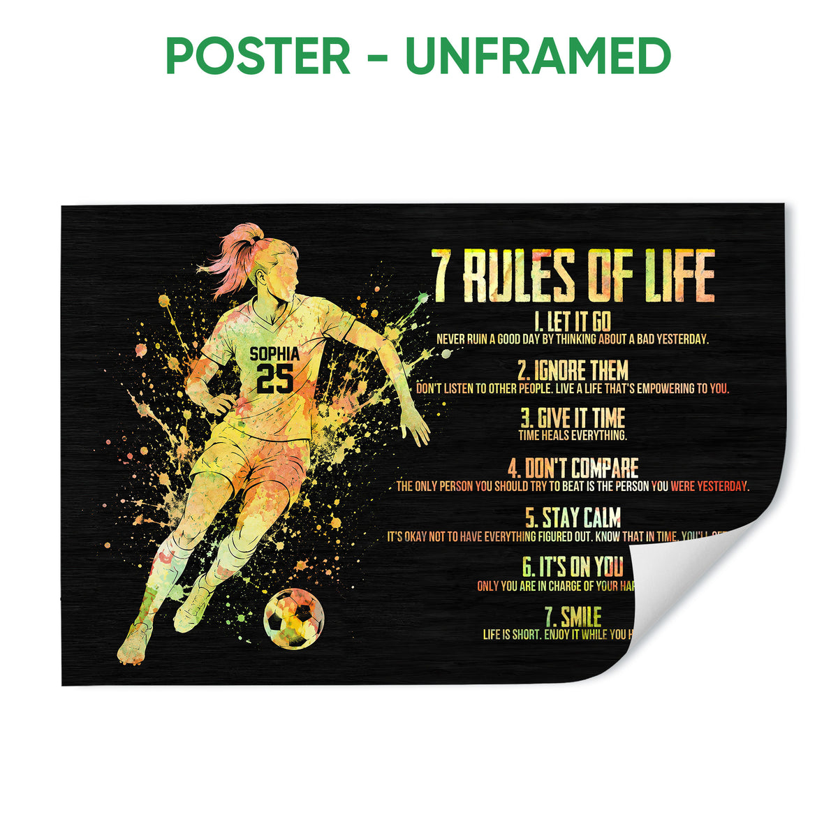 Unframed soccer poster showing a running player, soccer ball, colorful paint splashes, and motivational text