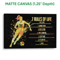 Matte canvas soccer wall art featuring a dynamic player, soccer ball, and motivational rules on a black background