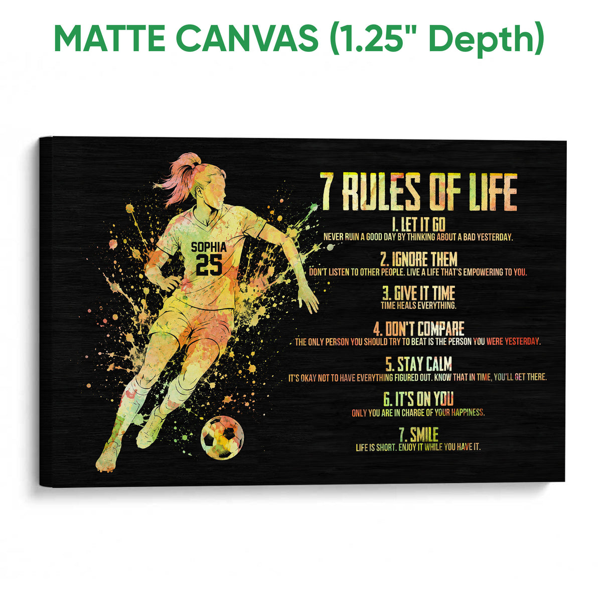 Matte canvas soccer wall art featuring a dynamic player, soccer ball, and motivational rules on a black background