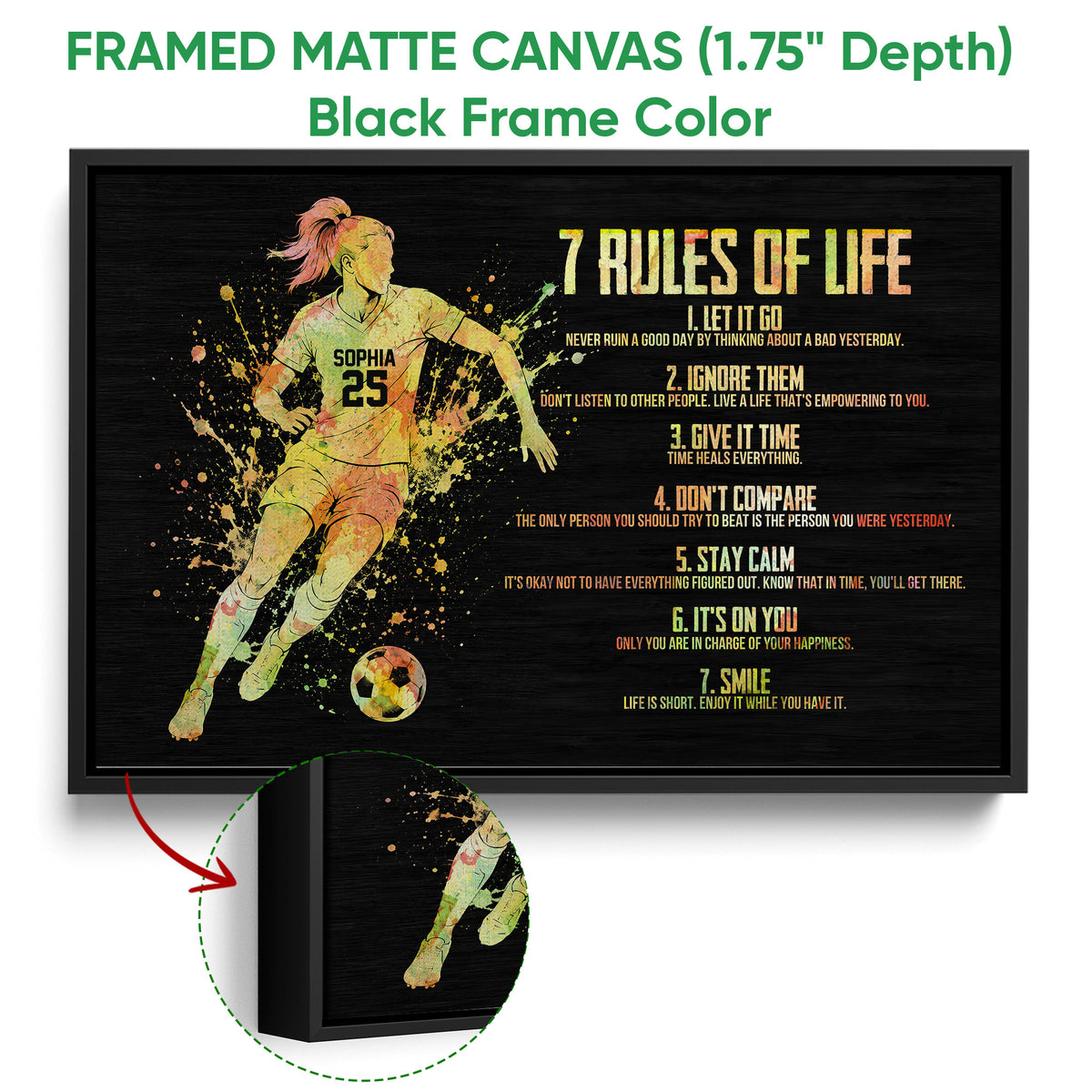 Black framed canvas soccer wall art with a running player, soccer ball, and colorful motivational design