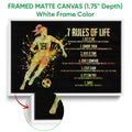 White framed canvas soccer wall art featuring a player in motion, soccer ball, and colorful motivational artwork