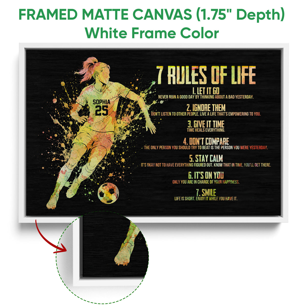 White framed canvas soccer wall art featuring a player in motion, soccer ball, and colorful motivational artwork