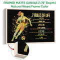 Natural wood framed soccer wall art with a running player, soccer ball, and colorful motivational design