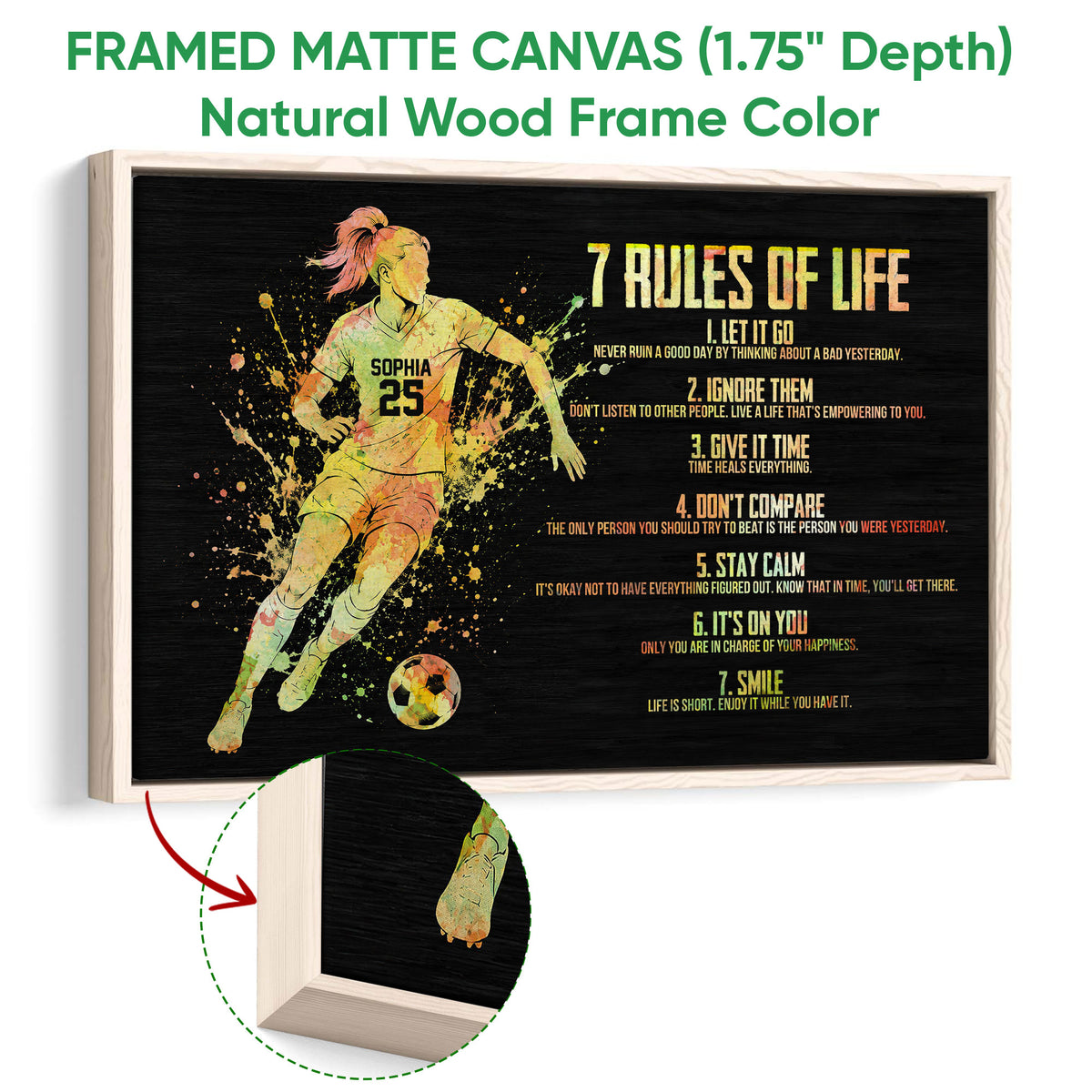 Natural wood framed soccer wall art with a running player, soccer ball, and colorful motivational design
