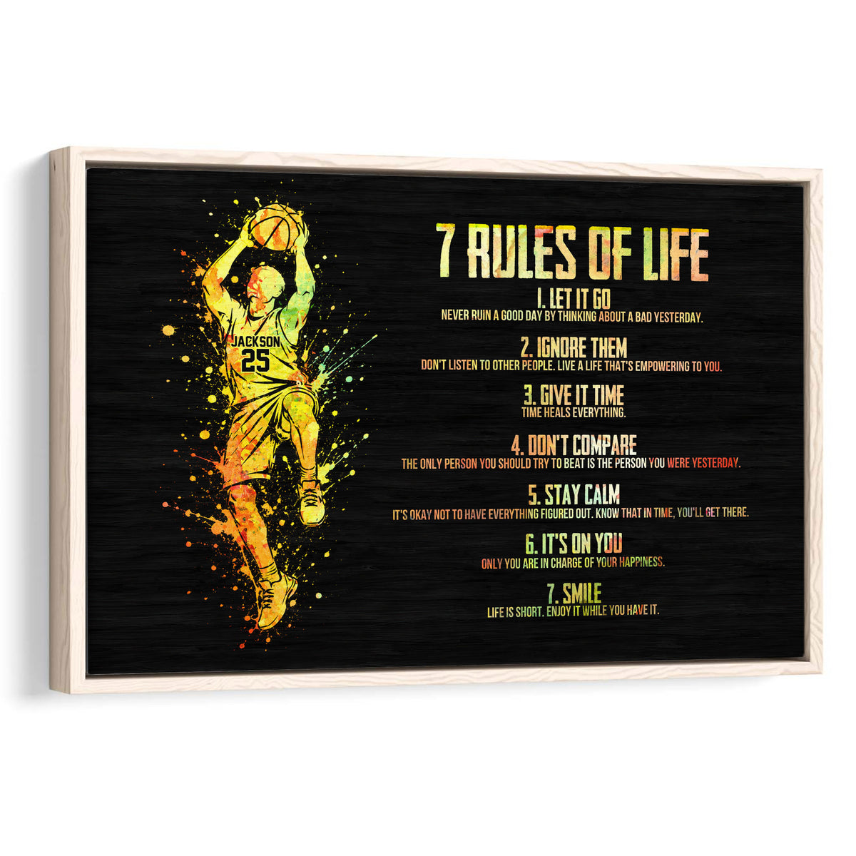 Framed basketball wall art with a player holding a basketball and colorful motivational design