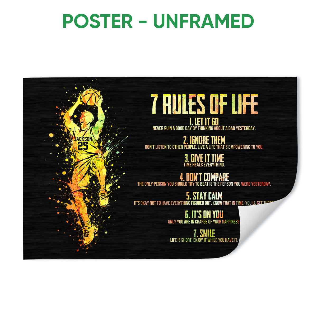 Unframed basketball poster featuring a jumping player and colorful motivational artwork on a black background