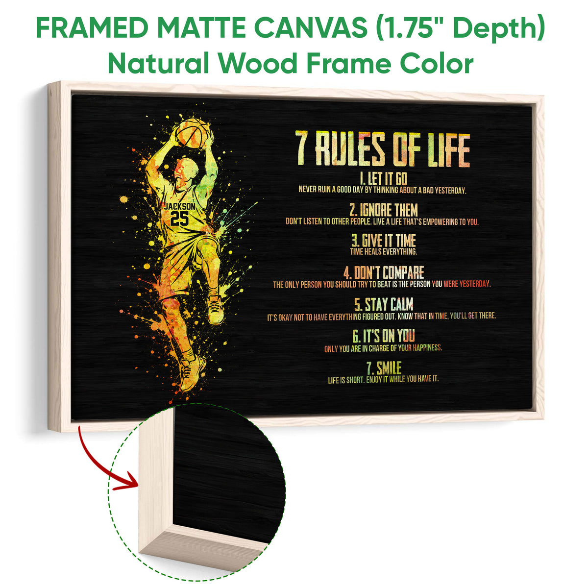 Natural wood framed basketball wall art with a colorful player illustration and black background