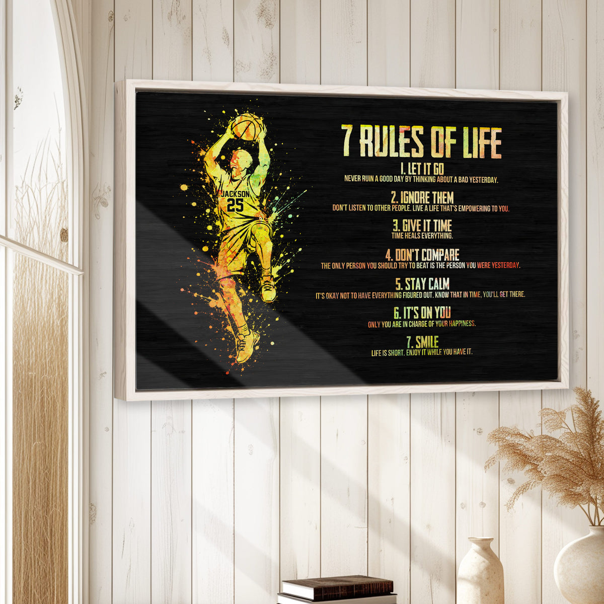 Basketball wall art displayed in a bright home interior above a console table with decor