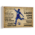 Soccer player motivational wall art with blue watercolor athlete, soccer ball, inspirational life quotes and vintage beige background