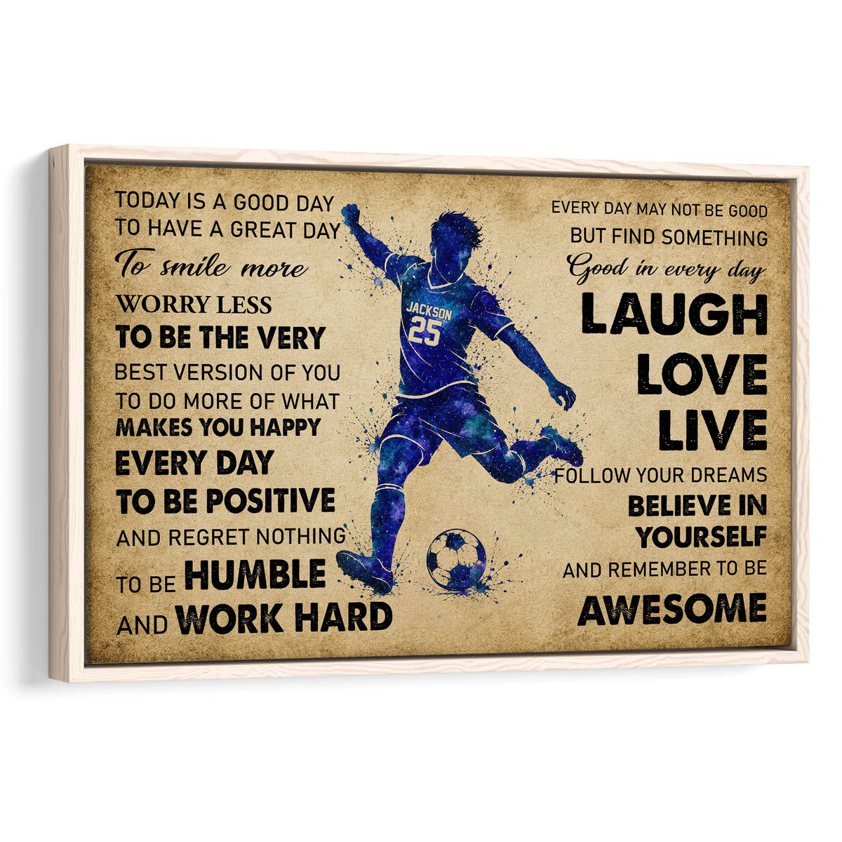 Soccer player motivational wall art with blue watercolor athlete, soccer ball, inspirational life quotes and vintage beige background