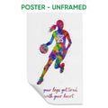 Unframed basketball poster with a colorful female player silhouette and motivational sports theme
