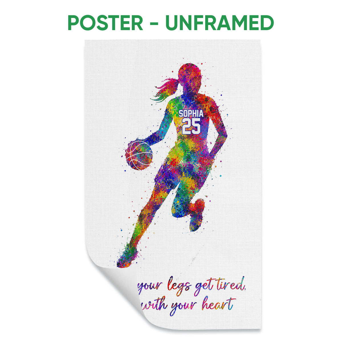 Unframed basketball poster with a colorful female player silhouette and motivational sports theme