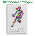 Matte canvas basketball wall art featuring a vibrant multicolor player silhouette in action