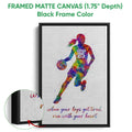 Black framed basketball canvas wall art with colorful action artwork and a close-up frame detail