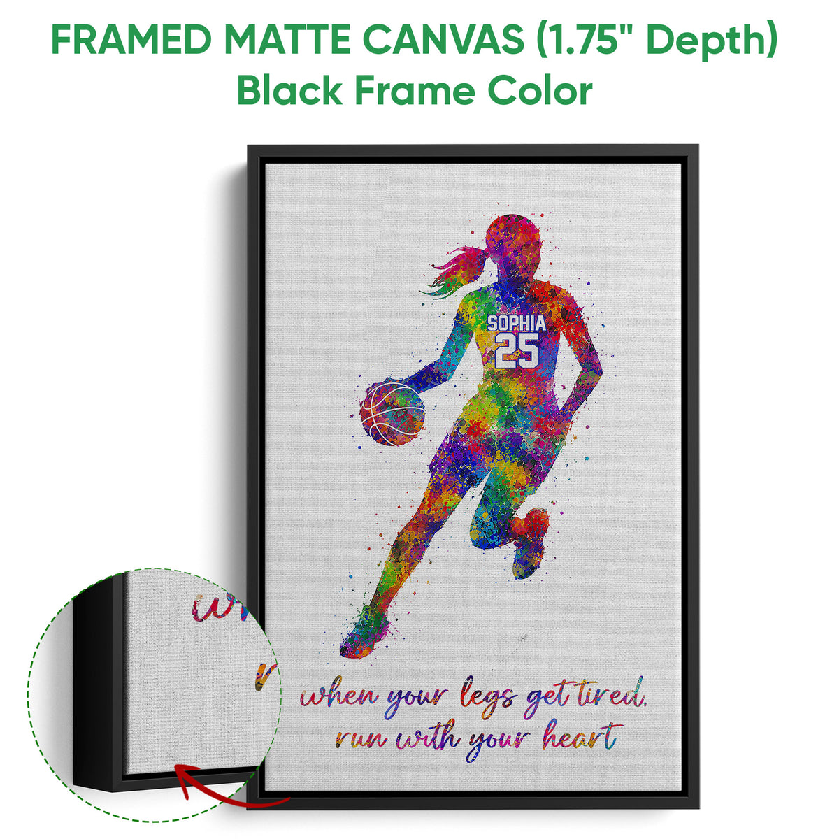 Black framed basketball canvas wall art with colorful action artwork and a close-up frame detail
