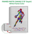 White framed basketball canvas wall art with vibrant player artwork and a close-up frame detail
