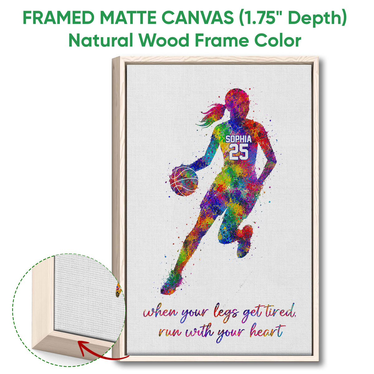 Natural wood framed basketball canvas wall art with colorful action artwork and frame detail