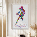 Colorful framed basketball wall art displayed on a bright wood-paneled wall in a home setting
