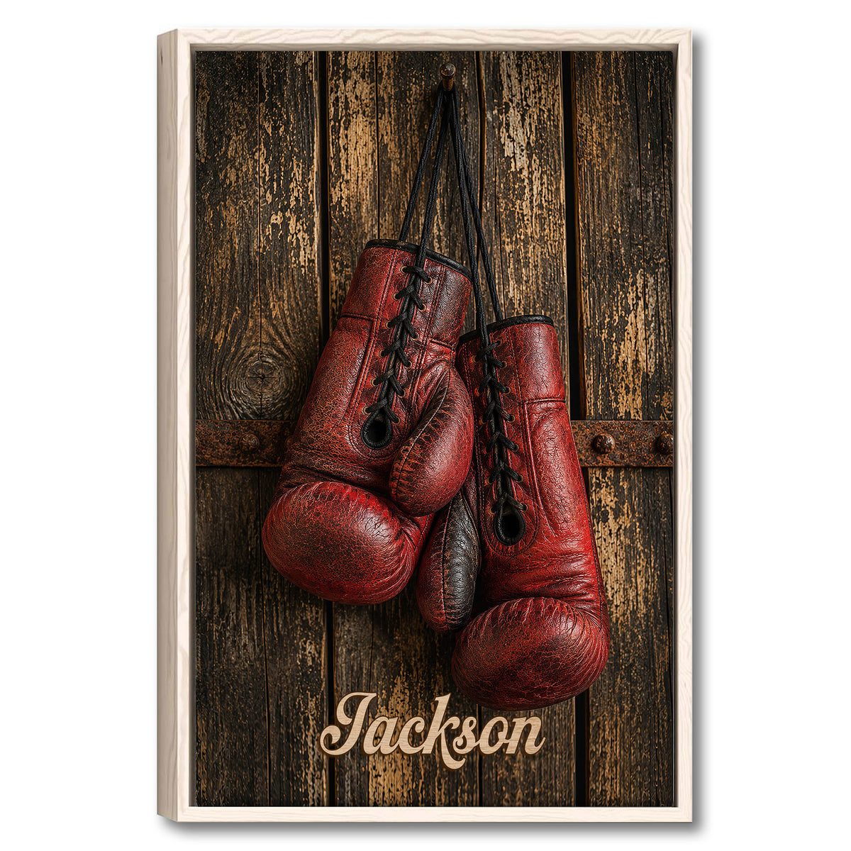 Framed boxing wall art featuring red and black gloves against a rustic wood background
