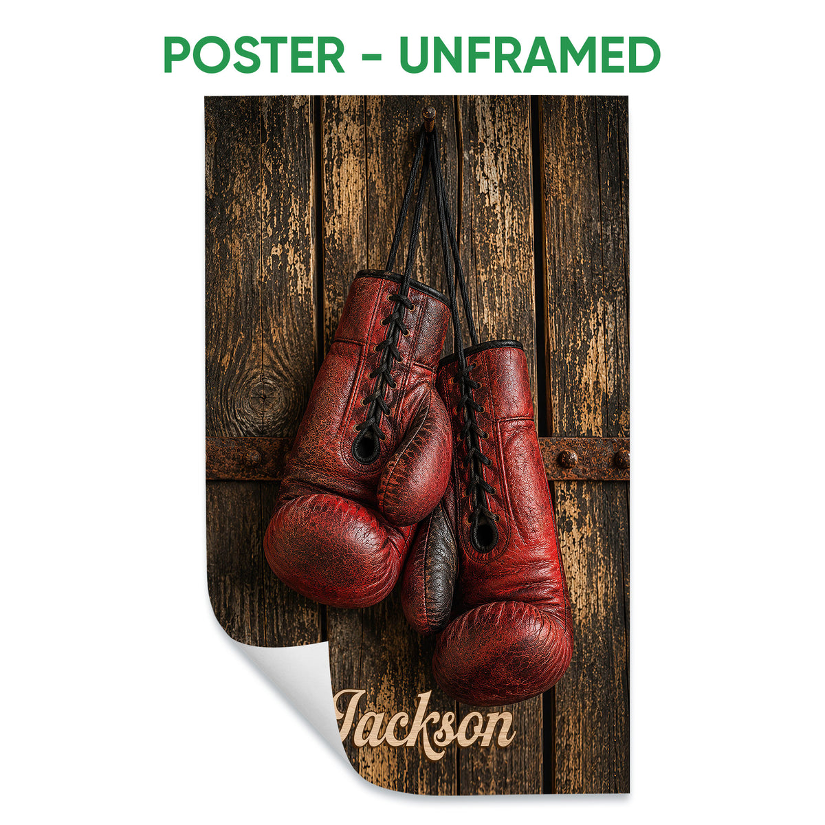 Unframed boxing poster featuring red and black gloves against a rustic wood background