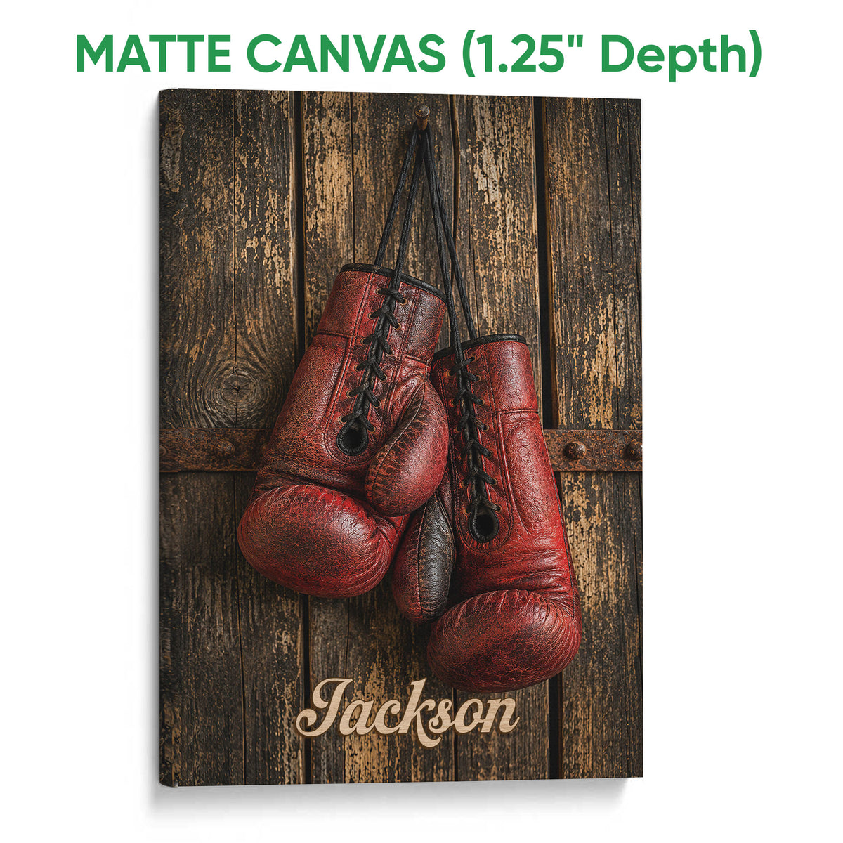 Matte canvas boxing wall art featuring red gloves and a rustic wood background