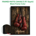 Framed boxing canvas wall art shown with a black frame and close-up frame detail