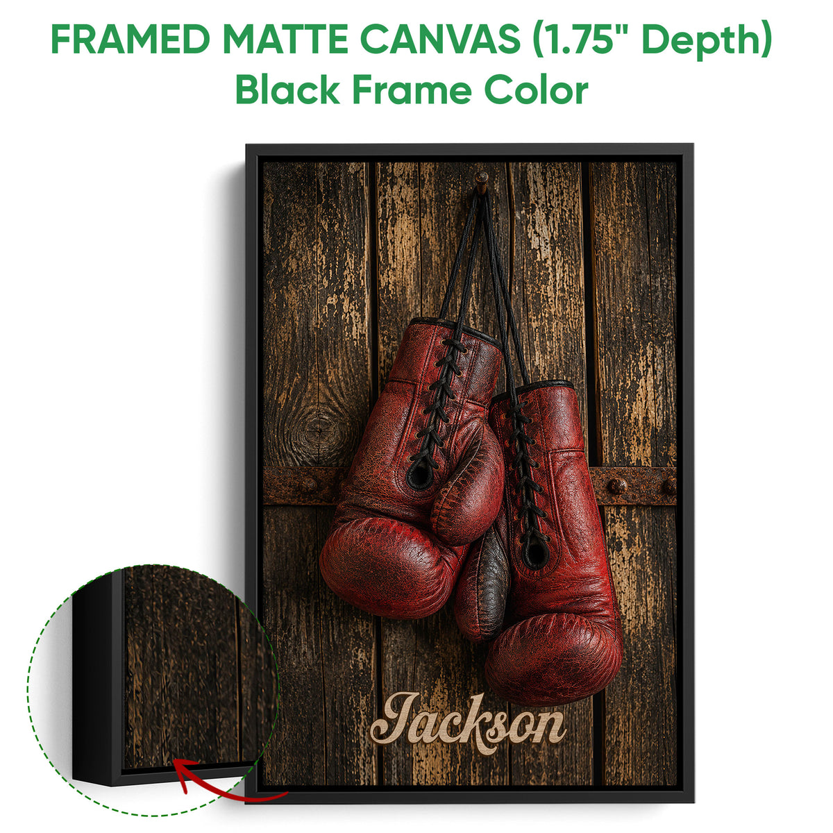 Framed boxing canvas wall art shown with a black frame and close-up frame detail