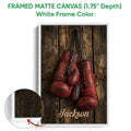 Framed boxing canvas wall art shown with a white frame and close-up frame detail