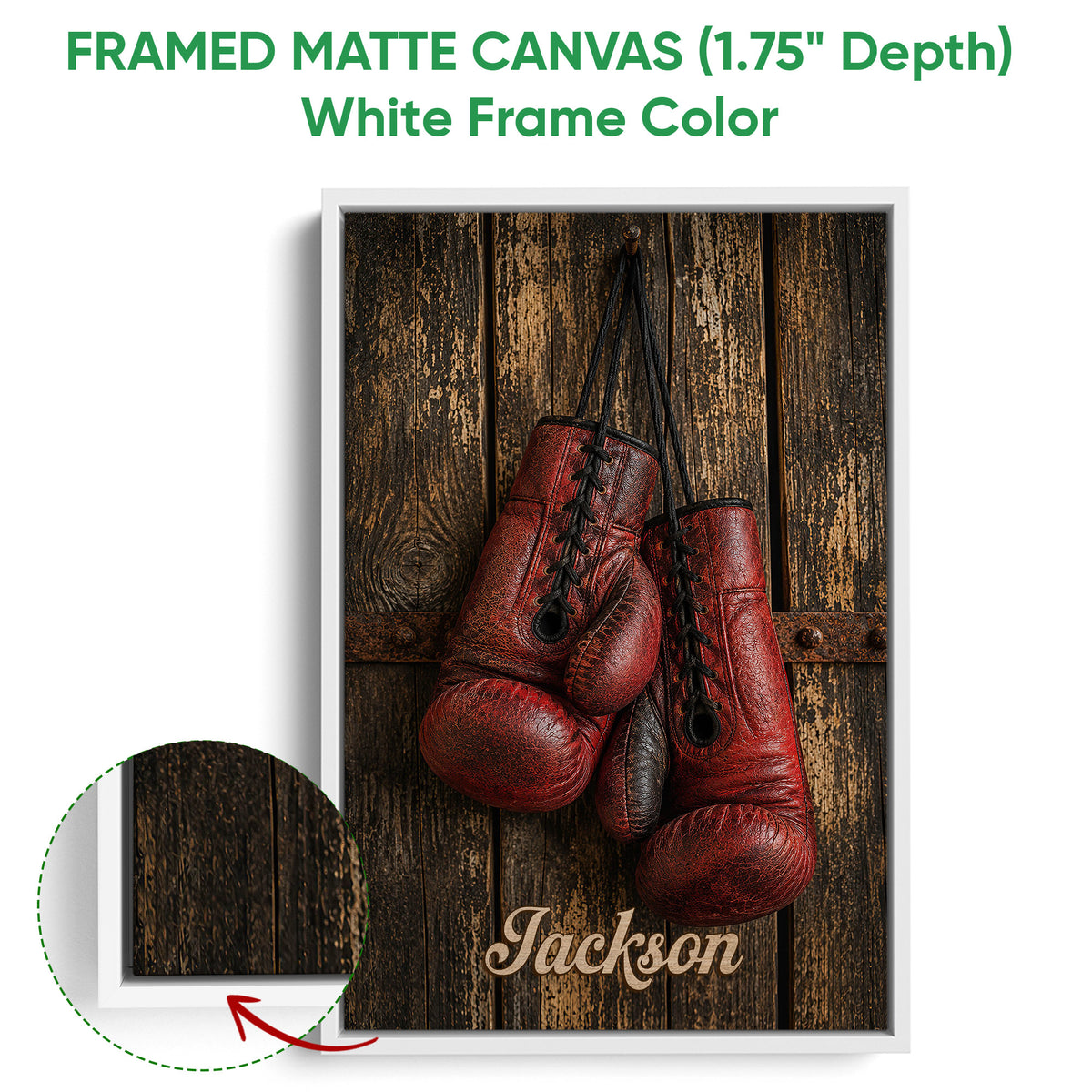 Framed boxing canvas wall art shown with a white frame and close-up frame detail