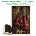 Framed boxing canvas wall art shown with a natural wood frame and close-up detail