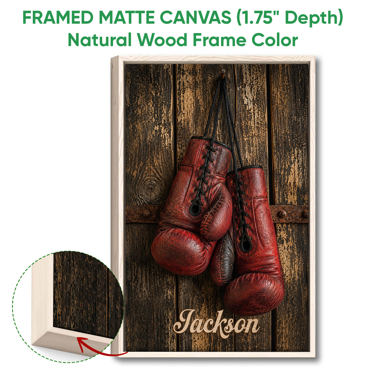 Framed boxing canvas wall art shown with a natural wood frame and close-up detail