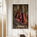Boxing wall art displayed in a bright room with white wood paneling and natural decor