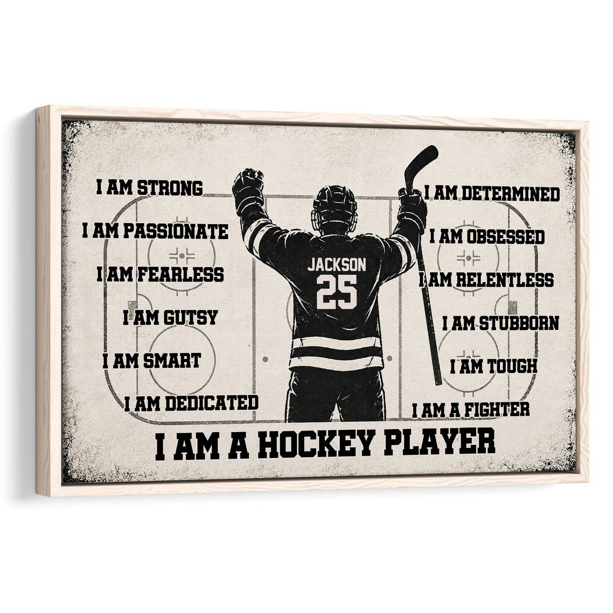Framed hockey player wall art with a vintage black and cream rink-inspired design