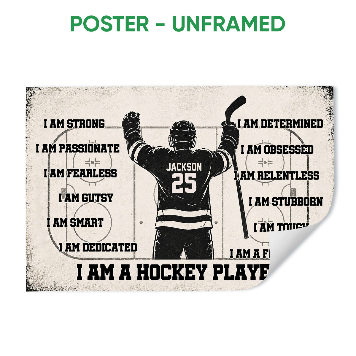 Unframed hockey player poster with an ice rink design and bold motivational artwork