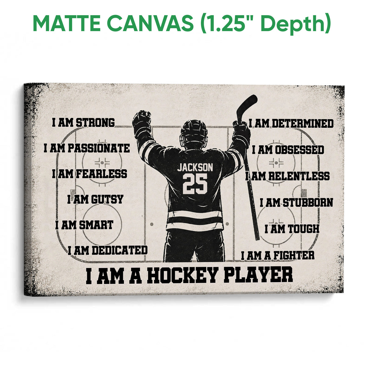 Matte canvas hockey wall art featuring a player on the ice in a distressed vintage style