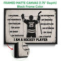 Framed matte canvas hockey wall art shown with a black frame and detailed canvas edge