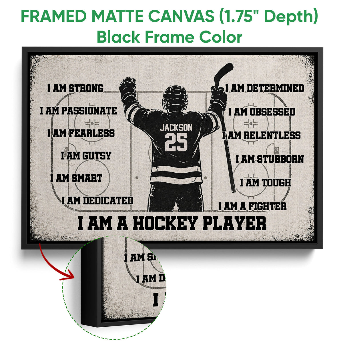 Framed matte canvas hockey wall art shown with a black frame and detailed canvas edge