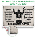 Framed matte canvas hockey wall art shown with a white frame and textured artwork detail