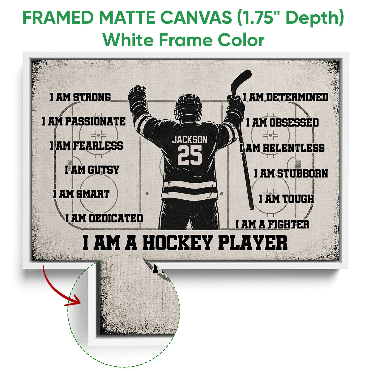 Framed matte canvas hockey wall art shown with a white frame and textured artwork detail