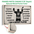 Framed matte canvas hockey wall art shown with a natural wood frame and textured edge