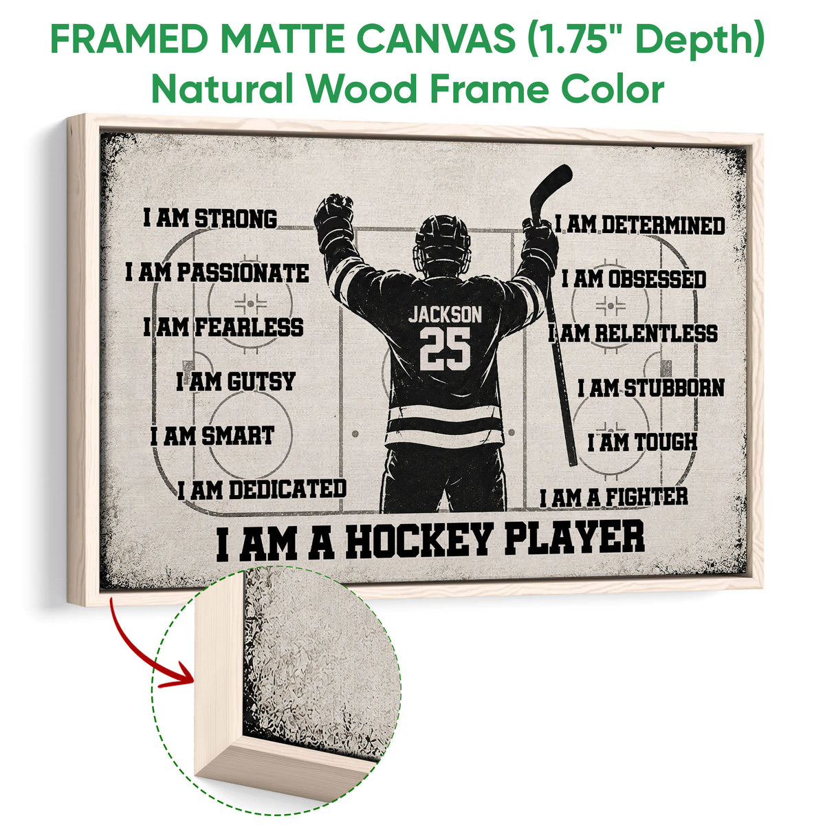 Framed matte canvas hockey wall art shown with a natural wood frame and textured edge